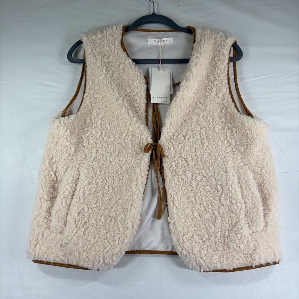 NWT Commense Cream Sherpa Vest with Brown Trim